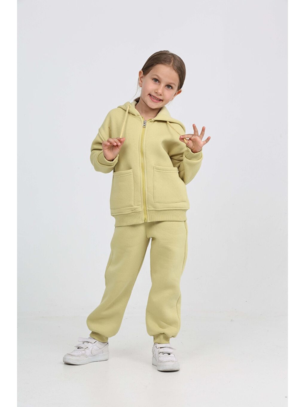 Yeşil Kız Çocuk Cep Detaylı Hırkalı Eşofman Takım