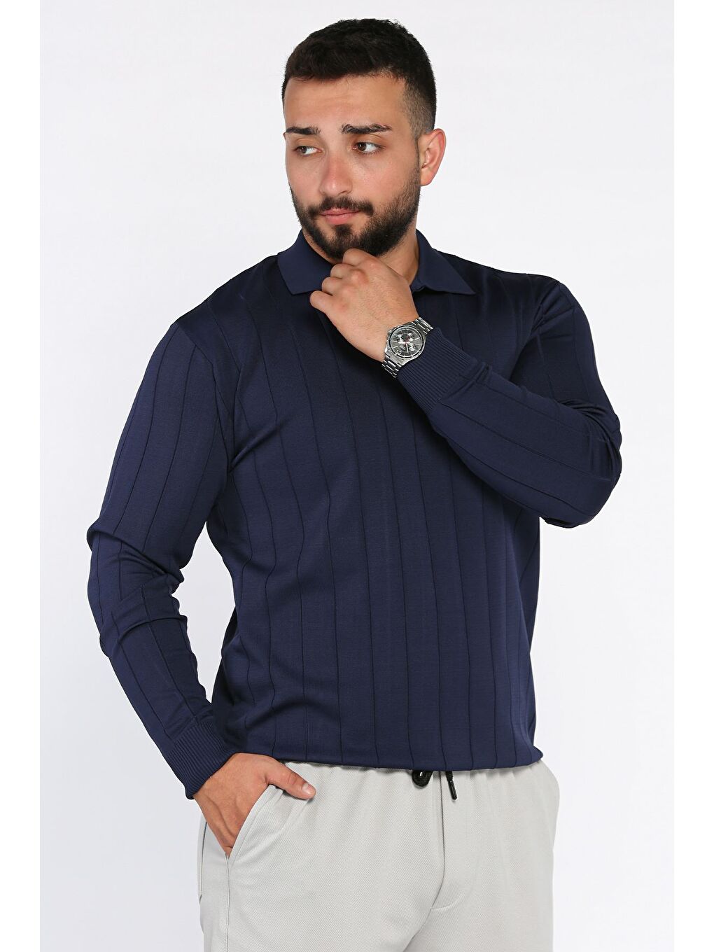 Lacivert Polo Yaka Çizgi Desenli Erkek Triko Kazak