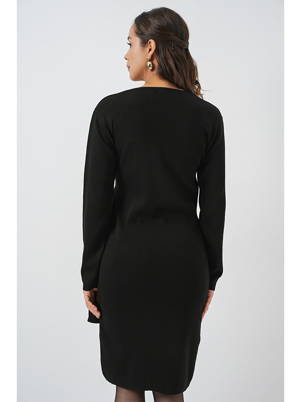 Kadın Kruvaze Yaka Triko Elbise 15928 - Siyah-6