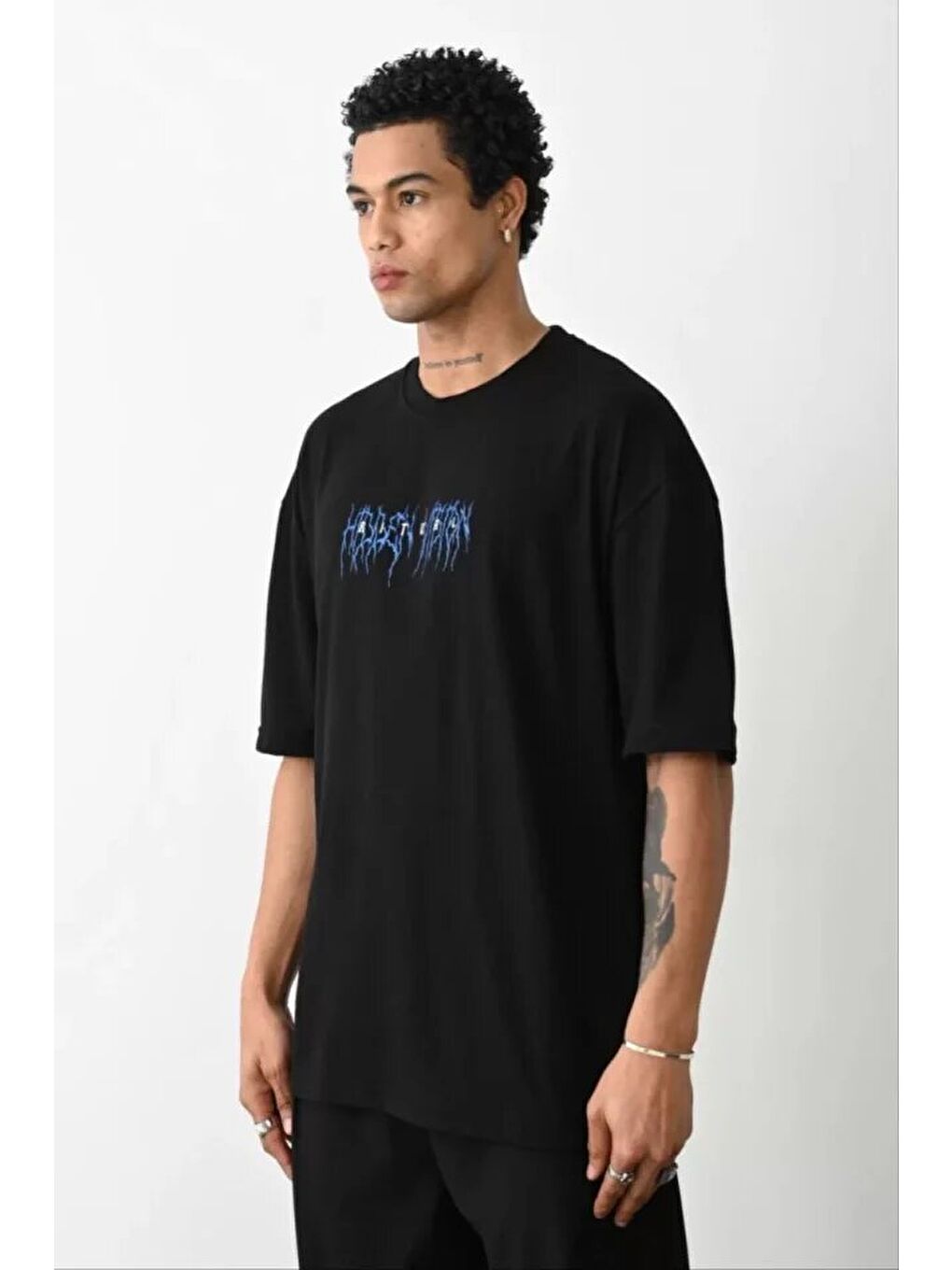 Unisex Baskılı Oversize T-Shirt - Siyah-1