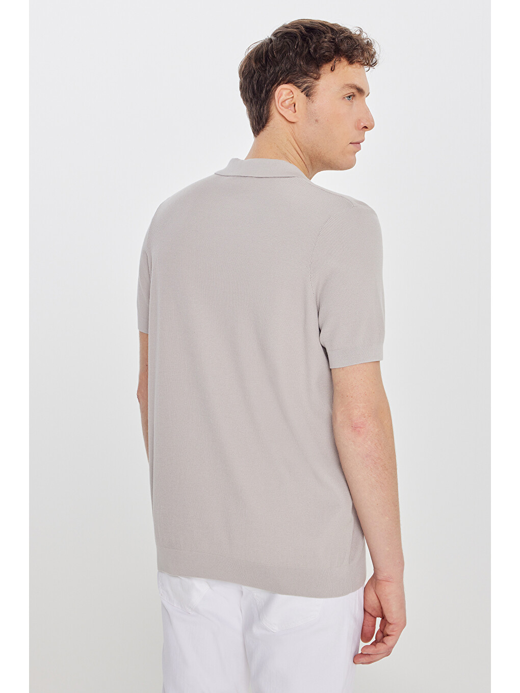 Erkek Açık Bej %100 Pamuk Standart Fit Polo Yaka Jakarlı Triko Tişört-4