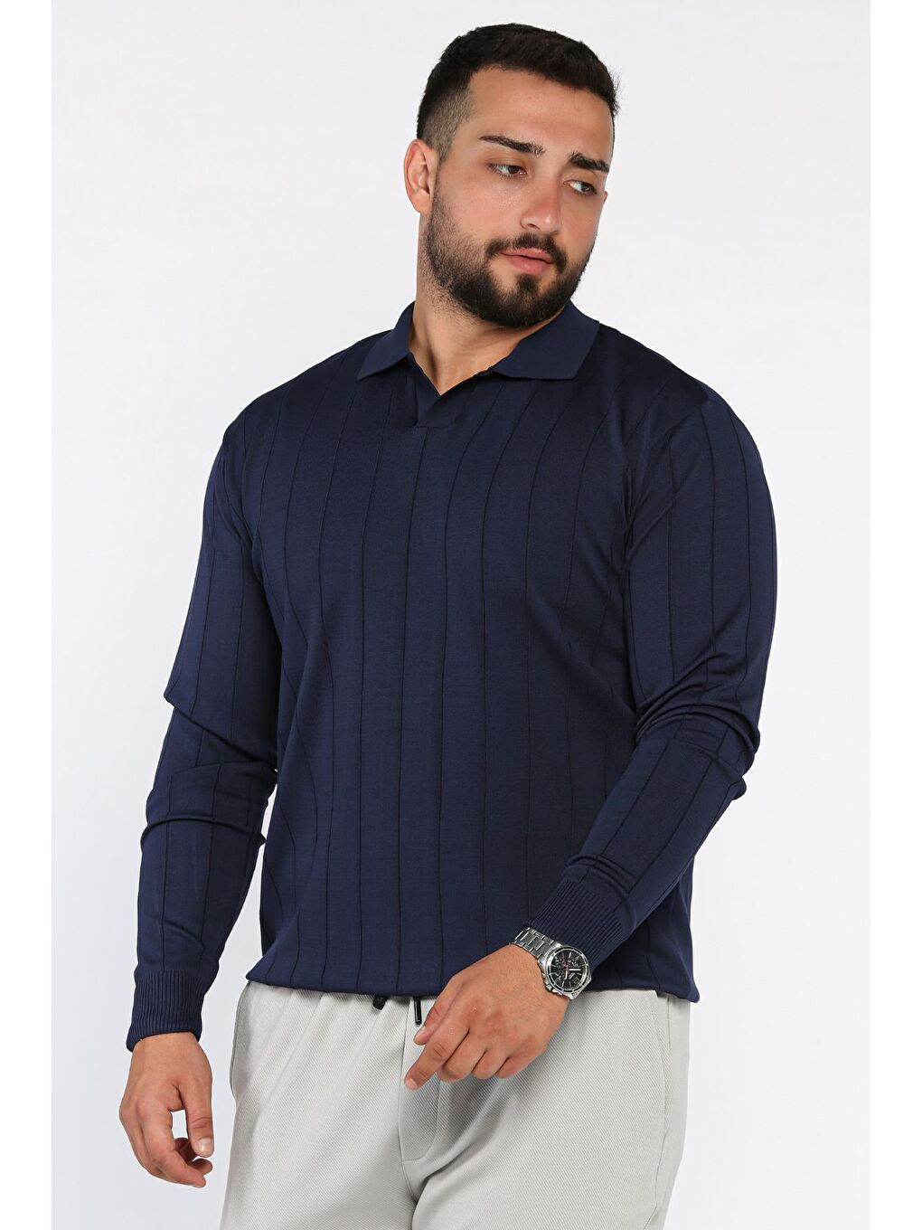 Lacivert Polo Yaka Çizgi Desenli Erkek Triko Kazak-1