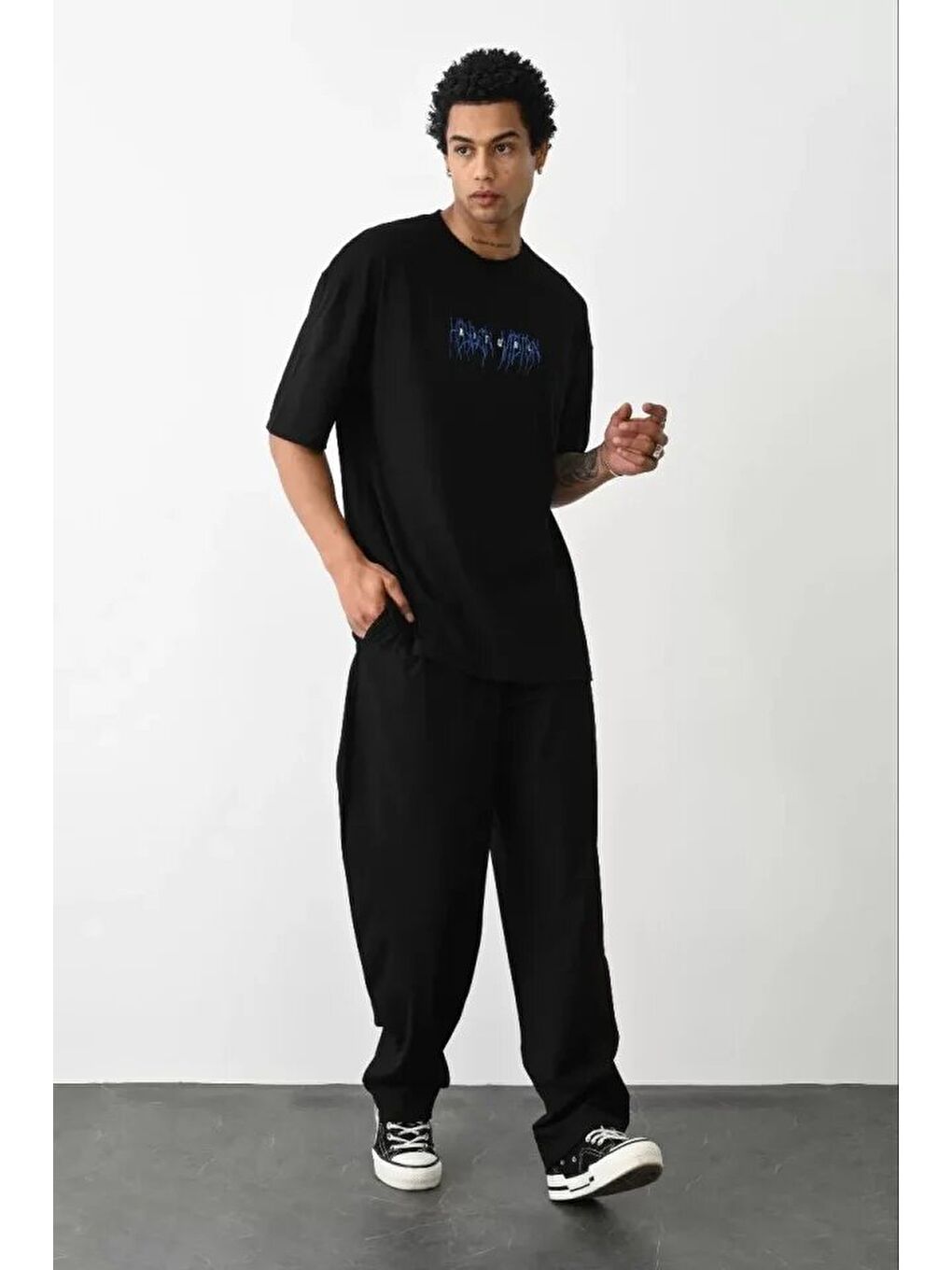 Unisex Baskılı Oversize T-Shirt - Siyah-2