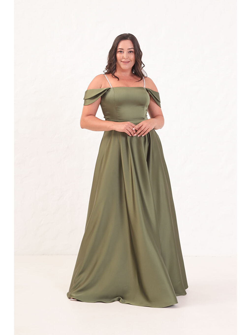 Kadın Haki Taş Askılı Büyük Beden Uzun Abiye Elbise-1