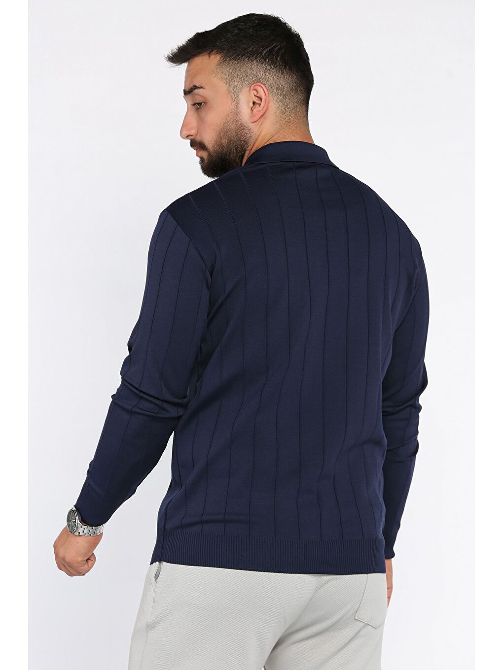 Lacivert Polo Yaka Çizgi Desenli Erkek Triko Kazak-2