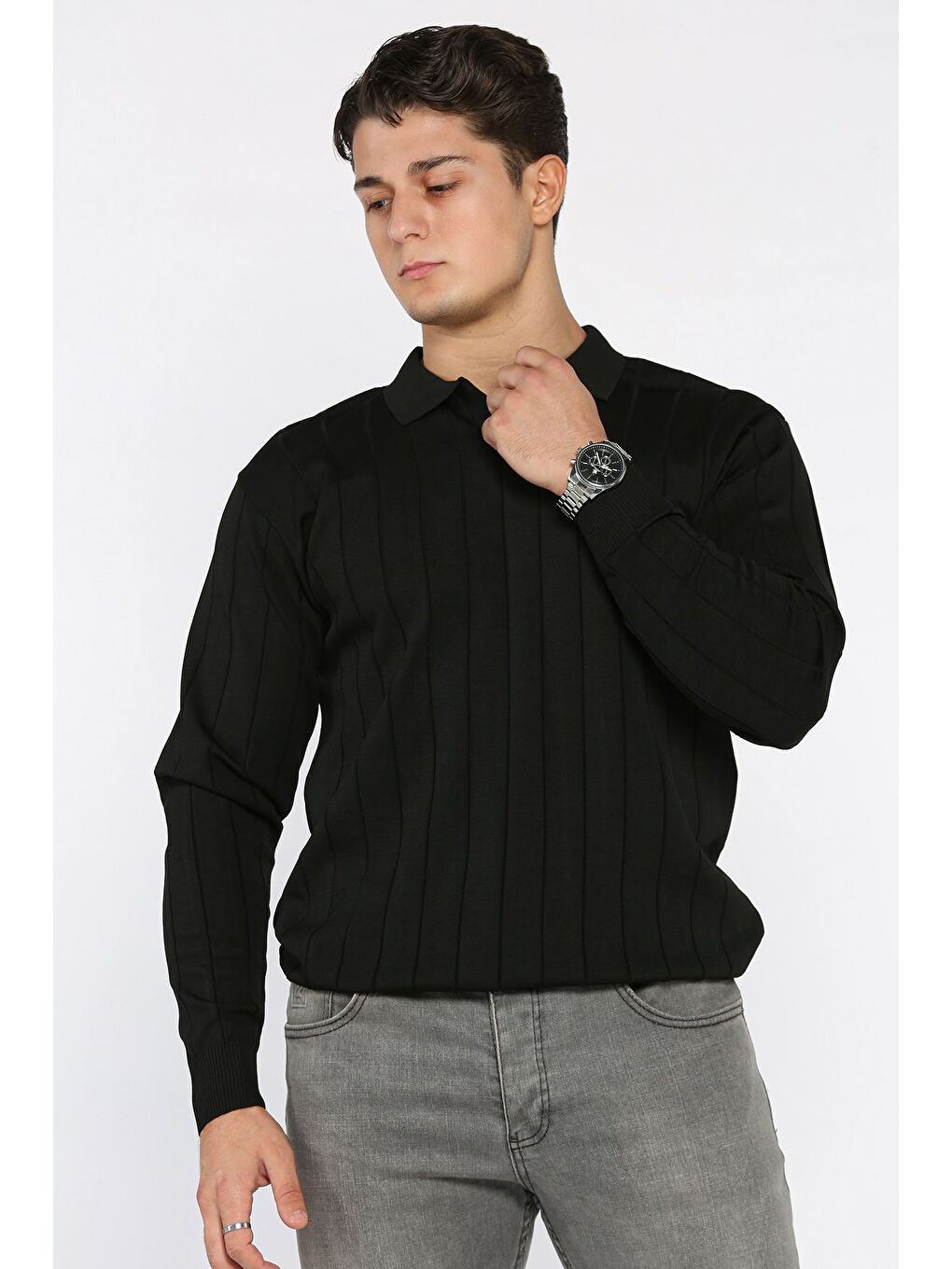 Siyah Polo Yaka Çizgi Desenli Erkek Triko Kazak-1