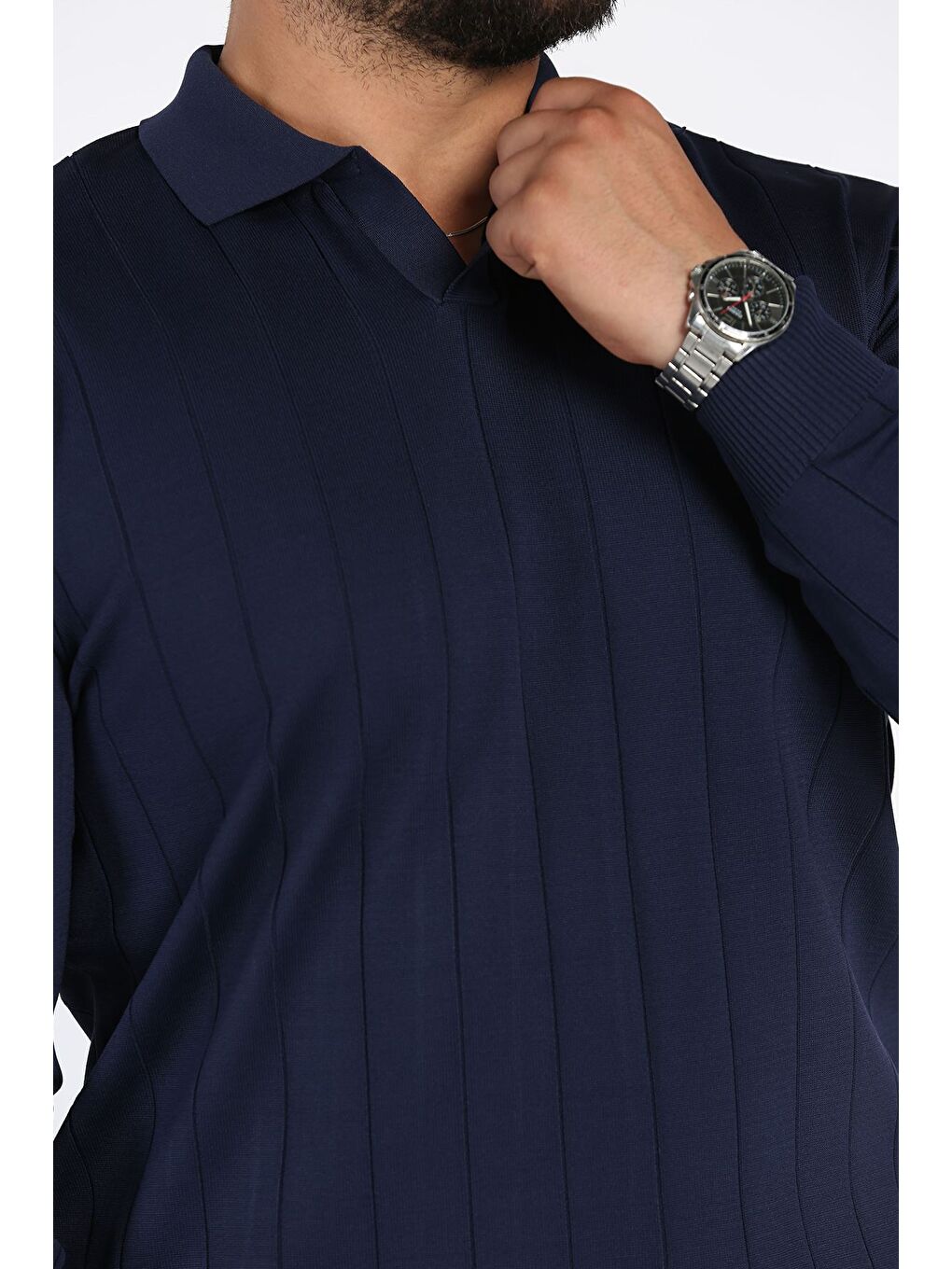 Lacivert Polo Yaka Çizgi Desenli Erkek Triko Kazak-3