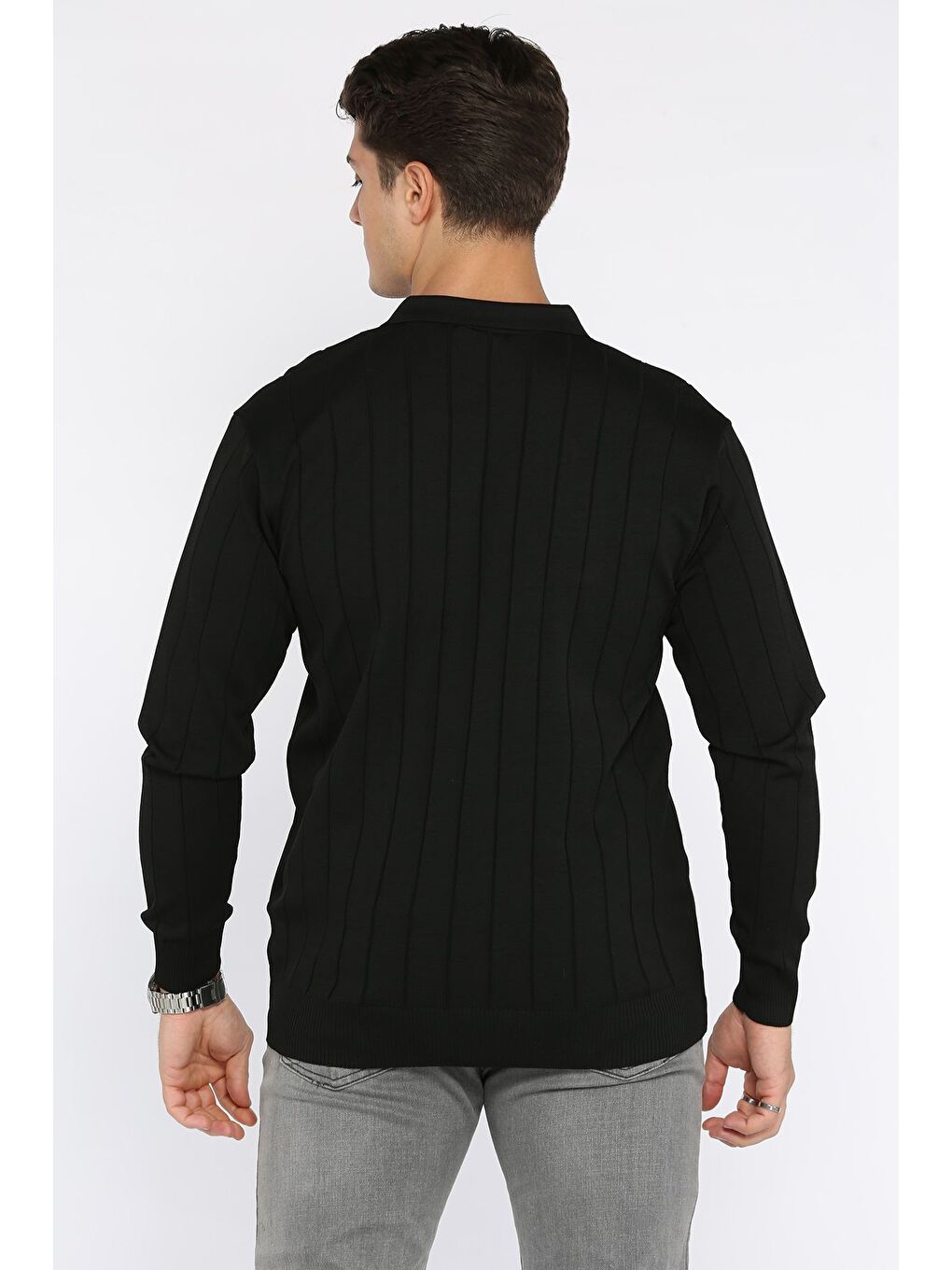 Siyah Polo Yaka Çizgi Desenli Erkek Triko Kazak-2