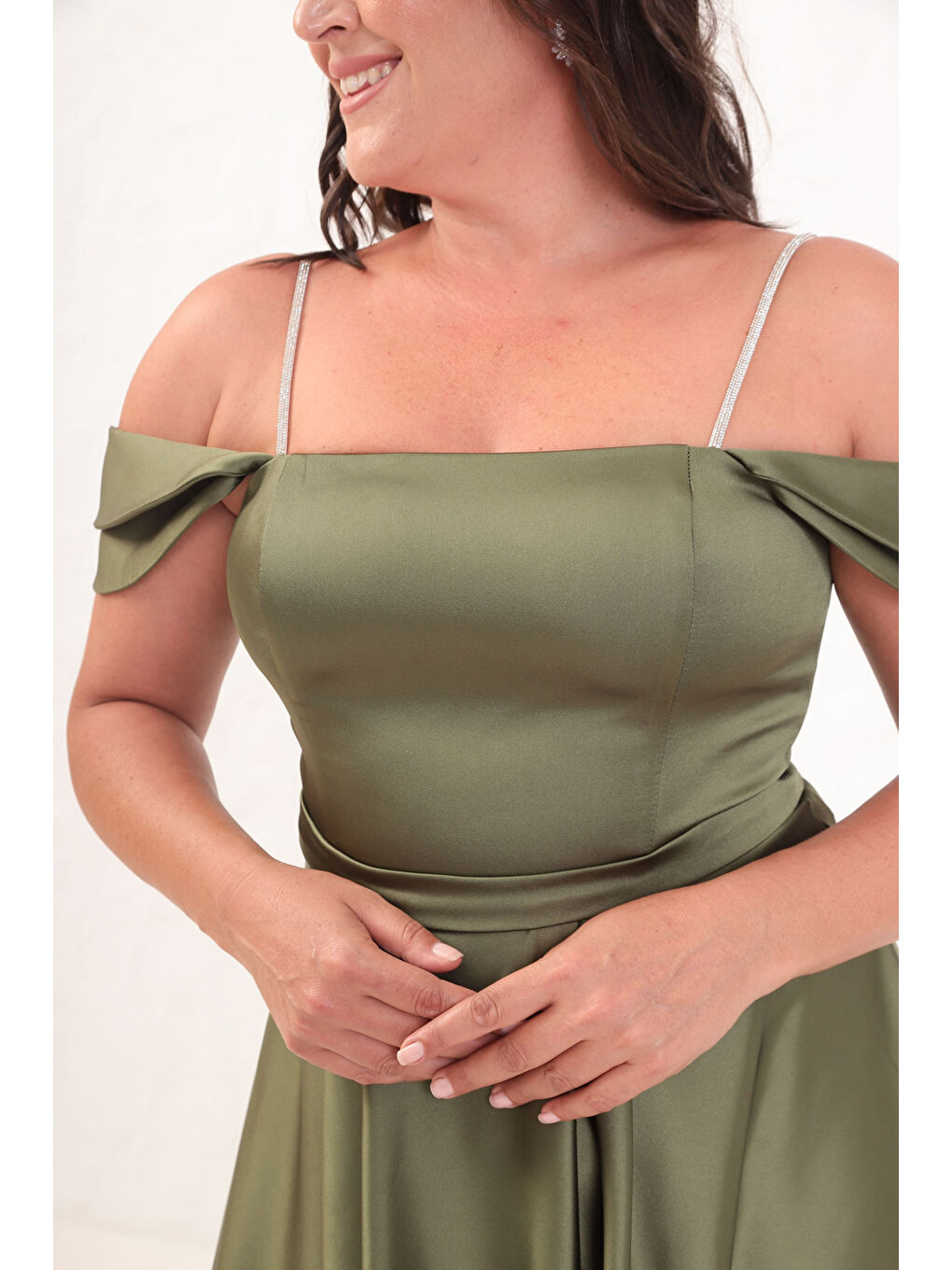 Kadın Haki Taş Askılı Büyük Beden Uzun Abiye Elbise-2