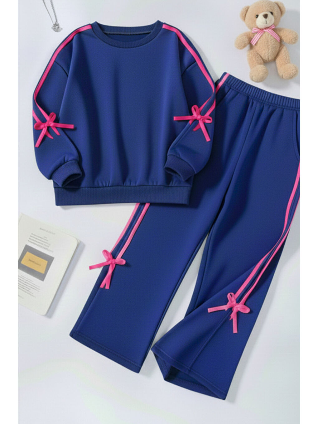Pembe Kız Çocuk Çift Şerit Kurdele Üç İplik Eşofman Takımı 3-10 Yaş 12316-1