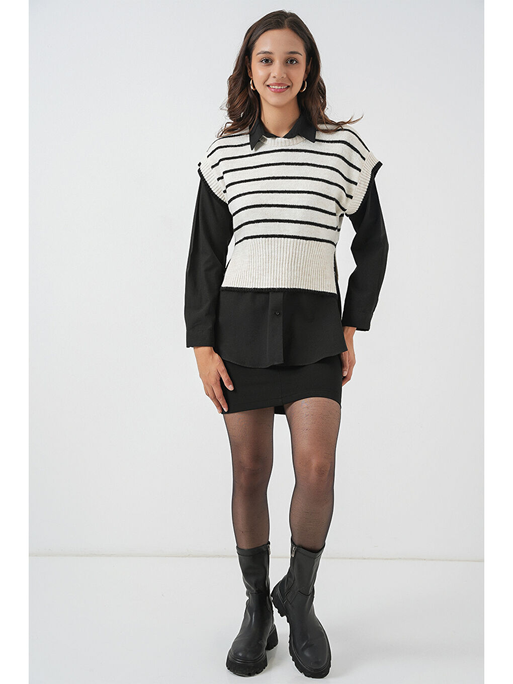 Kadın Çizgili Triko Süveter 15926 - Ekru-1