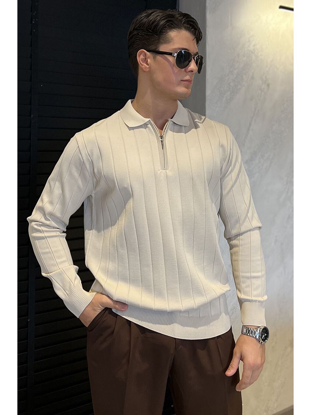 Bej Polo Yaka Yarım Fermuarlı Erkek Triko Kazak-1