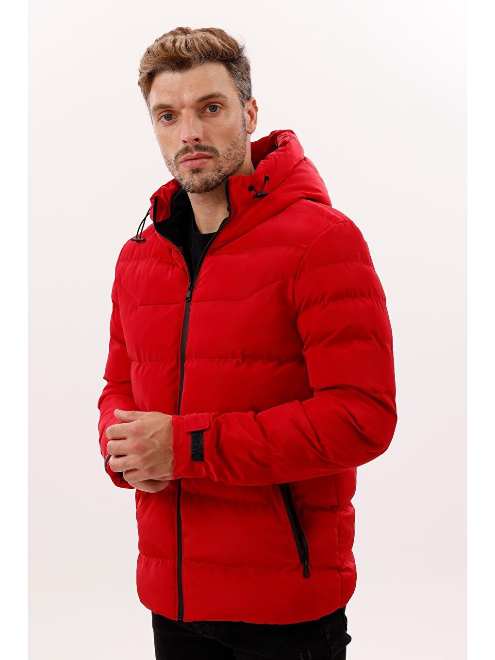 Kırmızı Erkek Kapüşonlu Polarlı Kürklü Su Geçirmez Rüzgara Dayanıklı Şişme Mont Kaban Parka