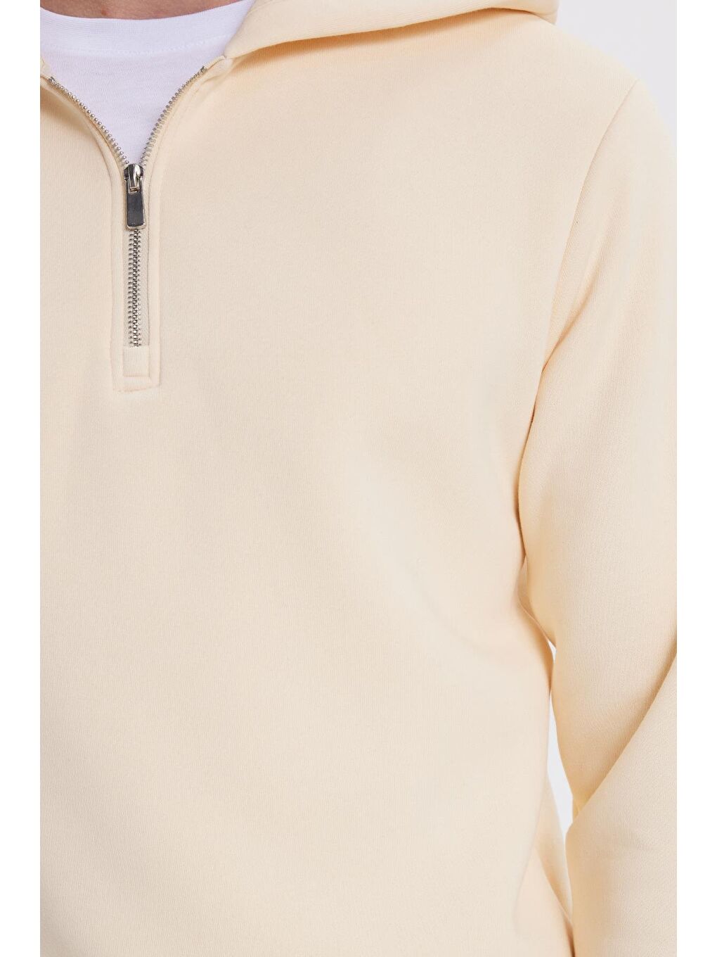 Bej Unisex Relax Fit Rahat Kesim Pamuklu İçi Polarlı Yarım Fermuarlı Taş Kapüşonlu Sweatshirt-2