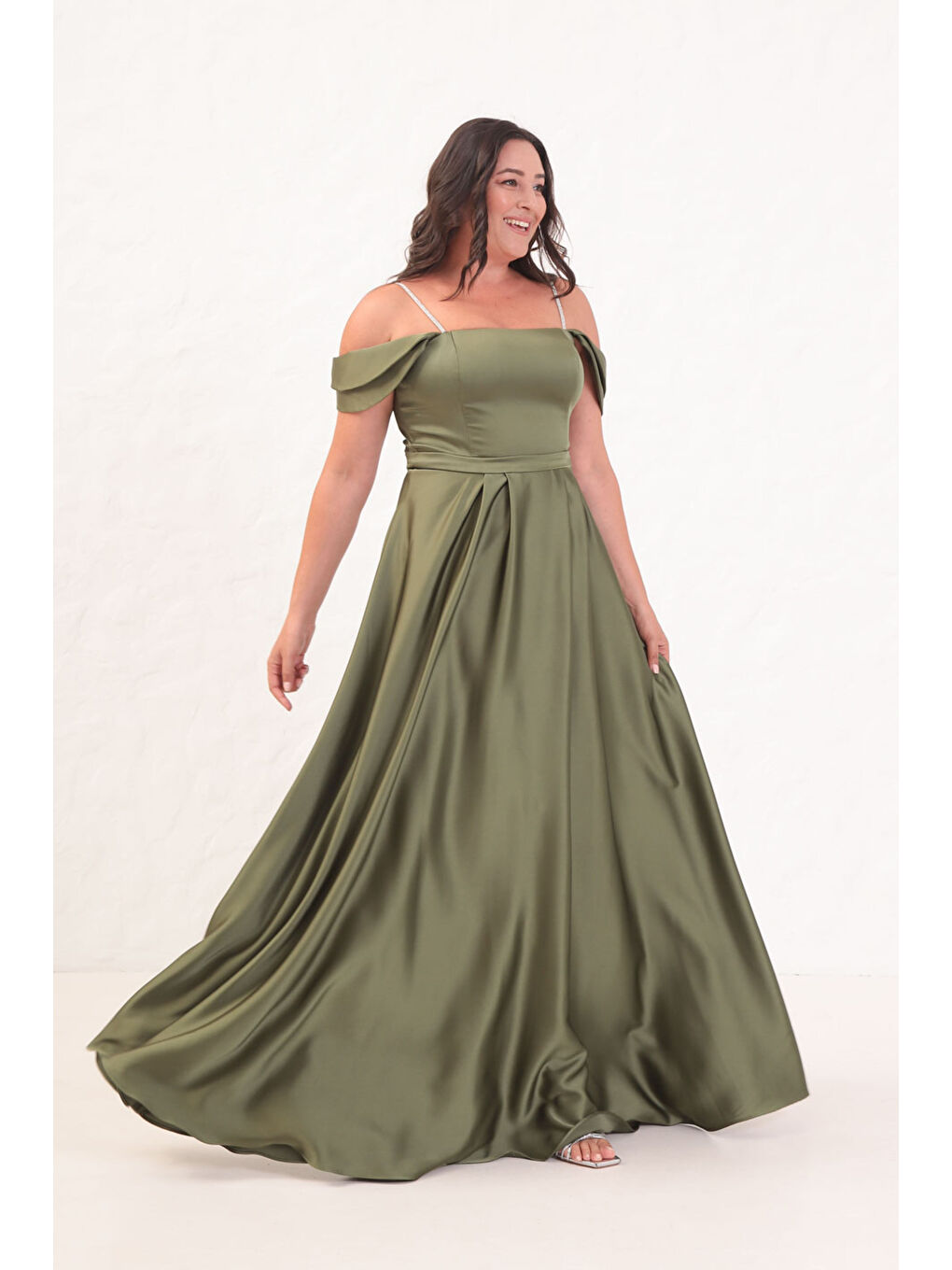 Kadın Haki Taş Askılı Büyük Beden Uzun Abiye Elbise-3