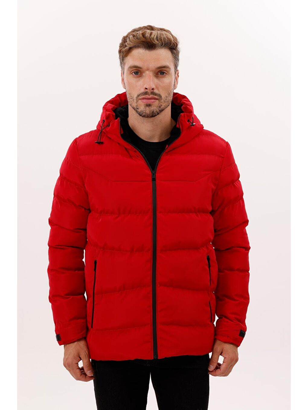 Kırmızı Erkek Kapüşonlu Polarlı Kürklü Su Geçirmez Rüzgara Dayanıklı Şişme Mont Kaban Parka-1