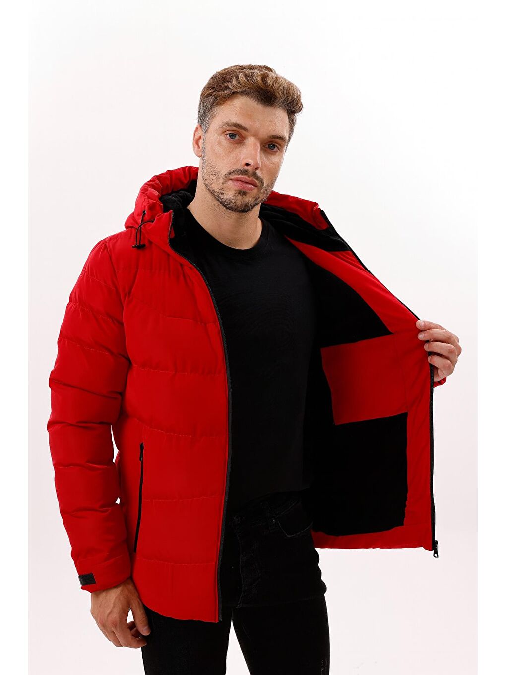 Kırmızı Erkek Kapüşonlu Polarlı Kürklü Su Geçirmez Rüzgara Dayanıklı Şişme Mont Kaban Parka-2