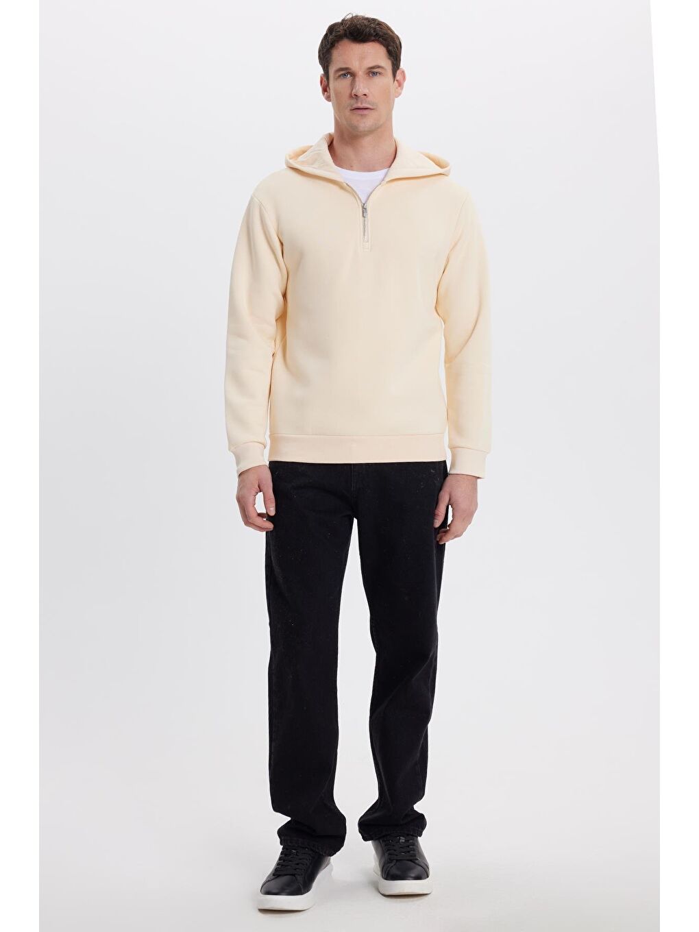 Bej Unisex Relax Fit Rahat Kesim Pamuklu İçi Polarlı Yarım Fermuarlı Taş Kapüşonlu Sweatshirt-3