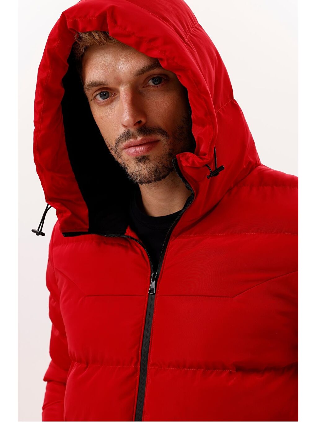 Kırmızı Erkek Kapüşonlu Polarlı Kürklü Su Geçirmez Rüzgara Dayanıklı Şişme Mont Kaban Parka-3