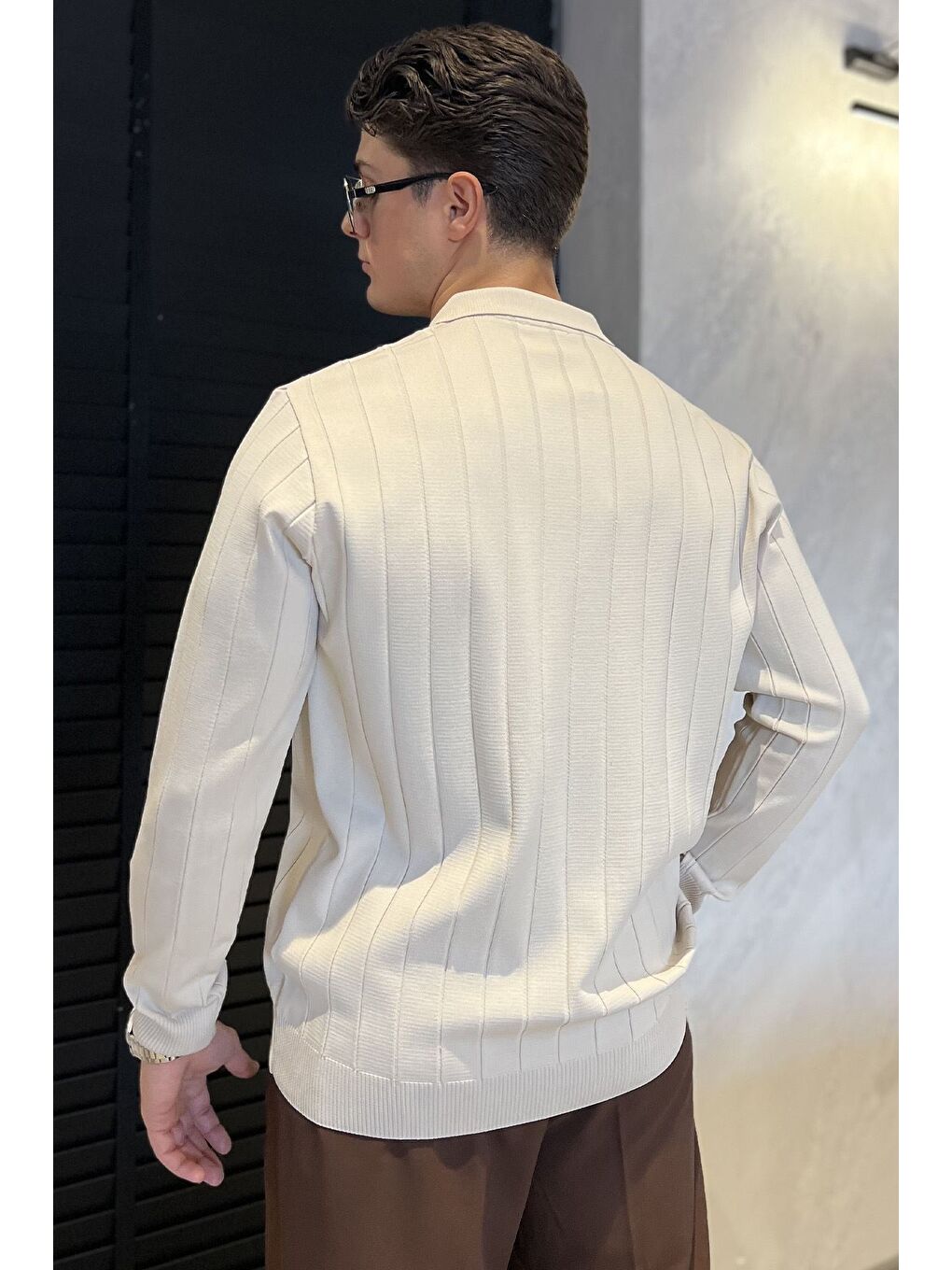 Bej Polo Yaka Yarım Fermuarlı Erkek Triko Kazak-2