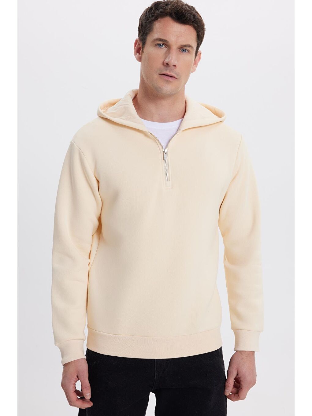 Bej Unisex Relax Fit Rahat Kesim Pamuklu İçi Polarlı Yarım Fermuarlı Taş Kapüşonlu Sweatshirt-4