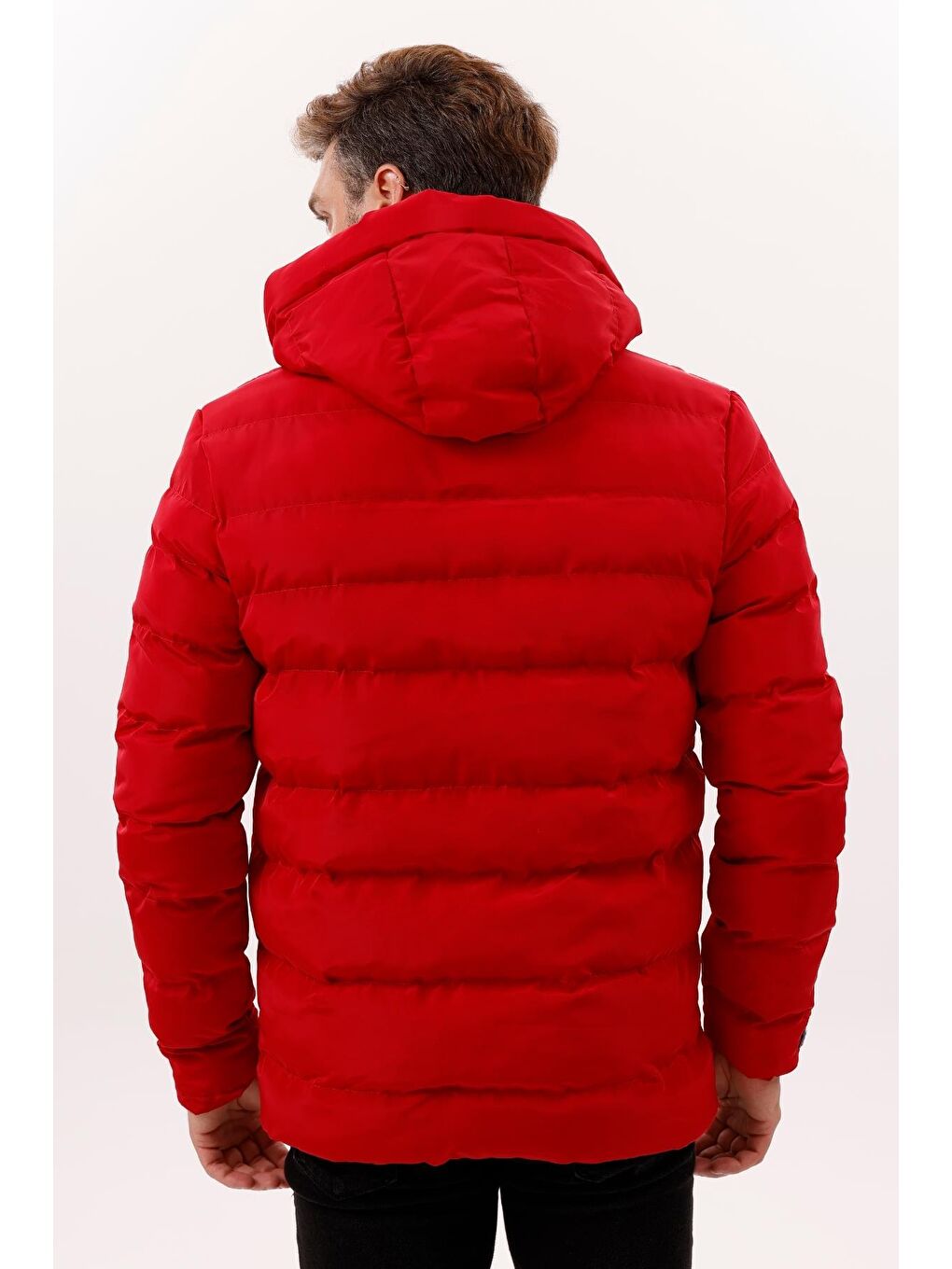 Kırmızı Erkek Kapüşonlu Polarlı Kürklü Su Geçirmez Rüzgara Dayanıklı Şişme Mont Kaban Parka-5