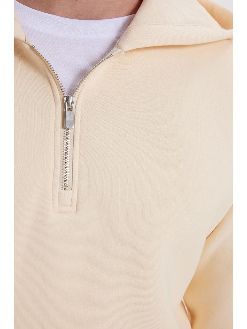 Bej Unisex Relax Fit Rahat Kesim Pamuklu İçi Polarlı Yarım Fermuarlı Taş Kapüşonlu Sweatshirt-5