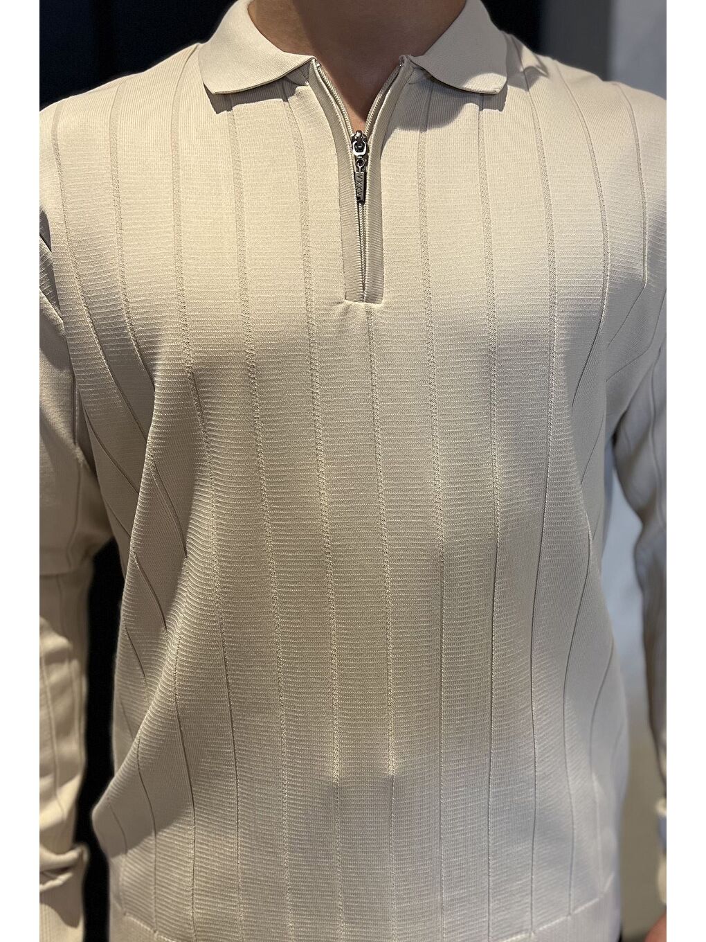 Bej Polo Yaka Yarım Fermuarlı Erkek Triko Kazak-3