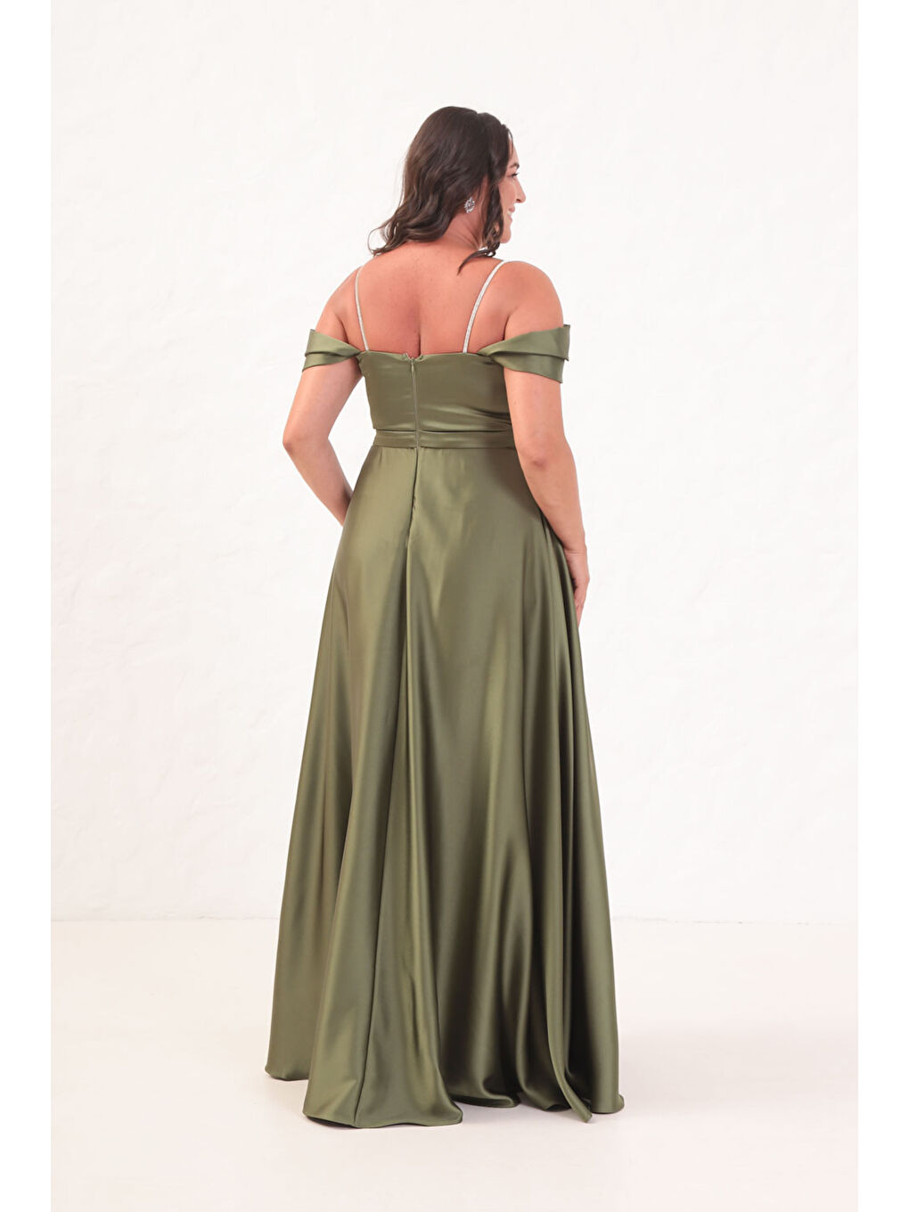 Kadın Haki Taş Askılı Büyük Beden Uzun Abiye Elbise-4