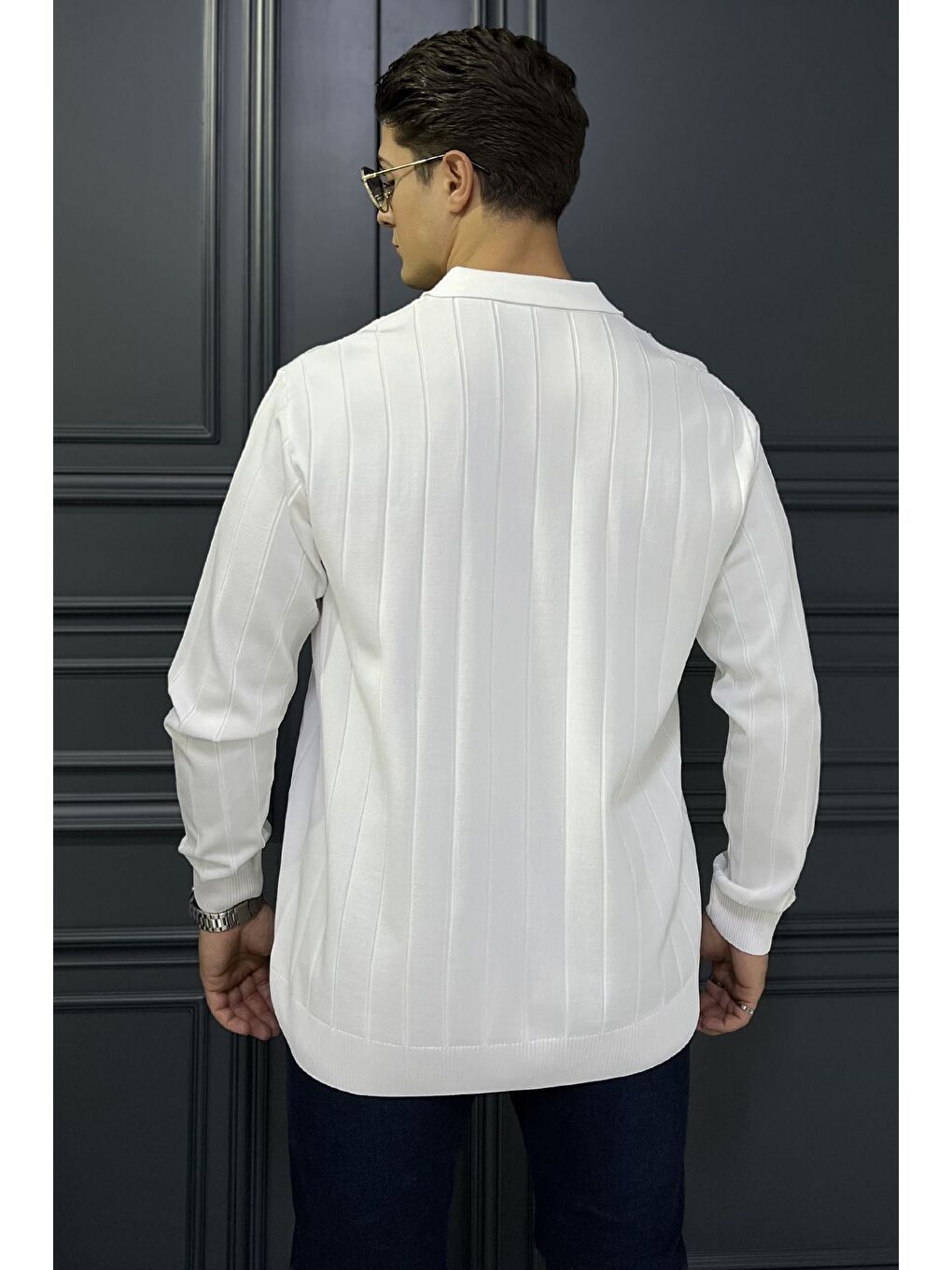 Beyaz Polo Yaka Yarım Fermuarlı Erkek Triko Kazak-2