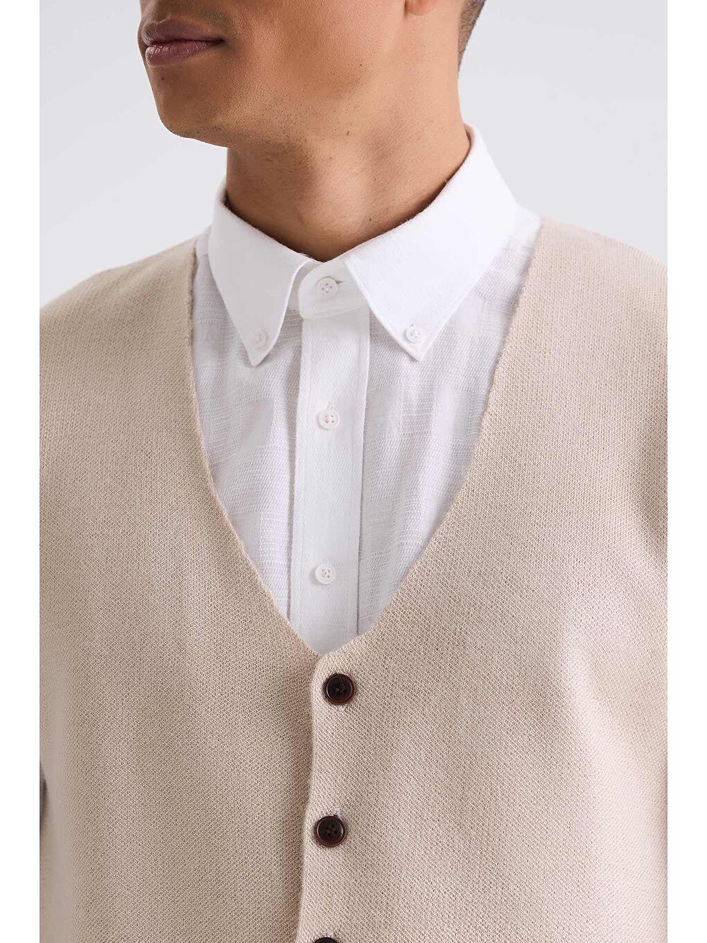 Bej Slim Fit Düğmeli Triko Yelek-2