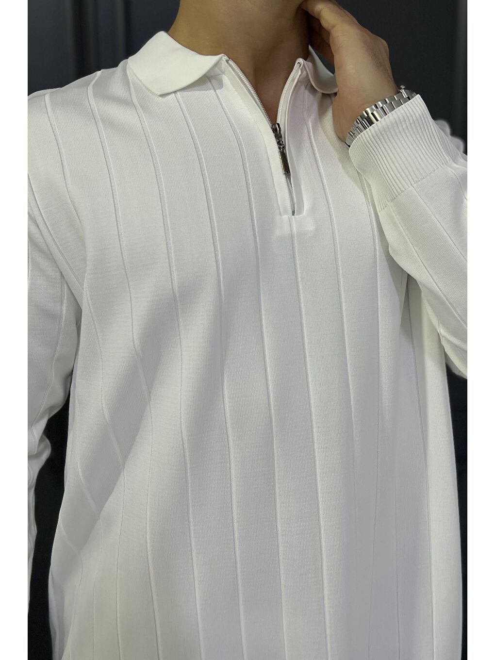 Beyaz Polo Yaka Yarım Fermuarlı Erkek Triko Kazak-3