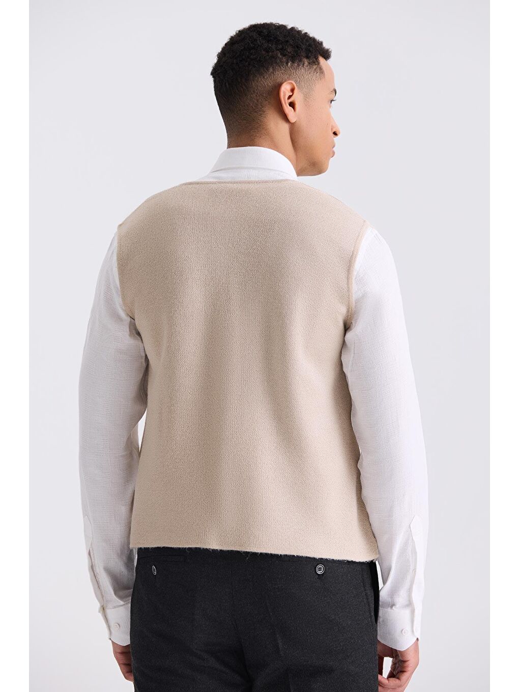 Bej Slim Fit Düğmeli Triko Yelek-3