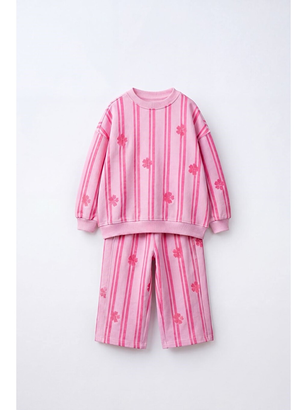 Kız Çocuk Pembe Çizgili Çiçek Desenli Sweatshirt Ve Eşofman Takımı