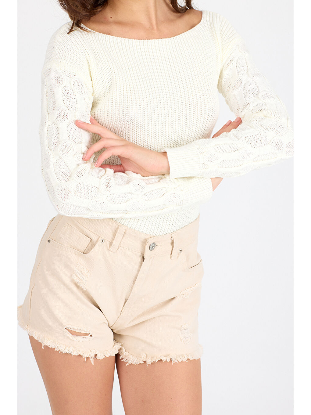 Ekru Kadın Selanik Örgü Triko Bluz 2699 (Standart Beden s-m-l-xl Beden Uyumludur)-2