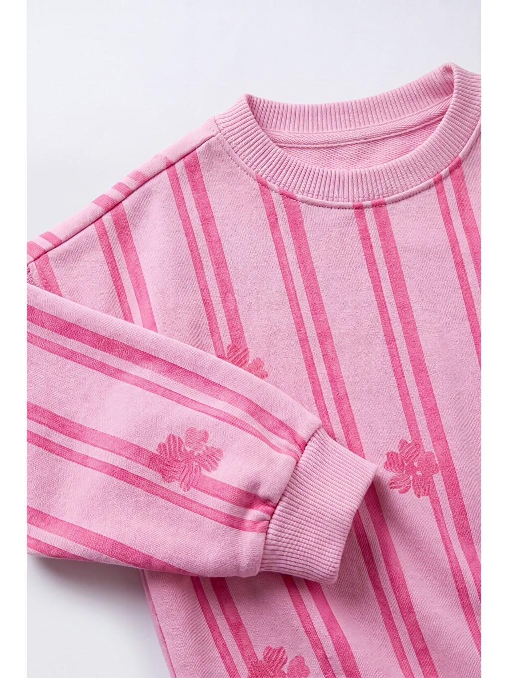 Kız Çocuk Pembe Çizgili Çiçek Desenli Sweatshirt Ve Eşofman Takımı-1
