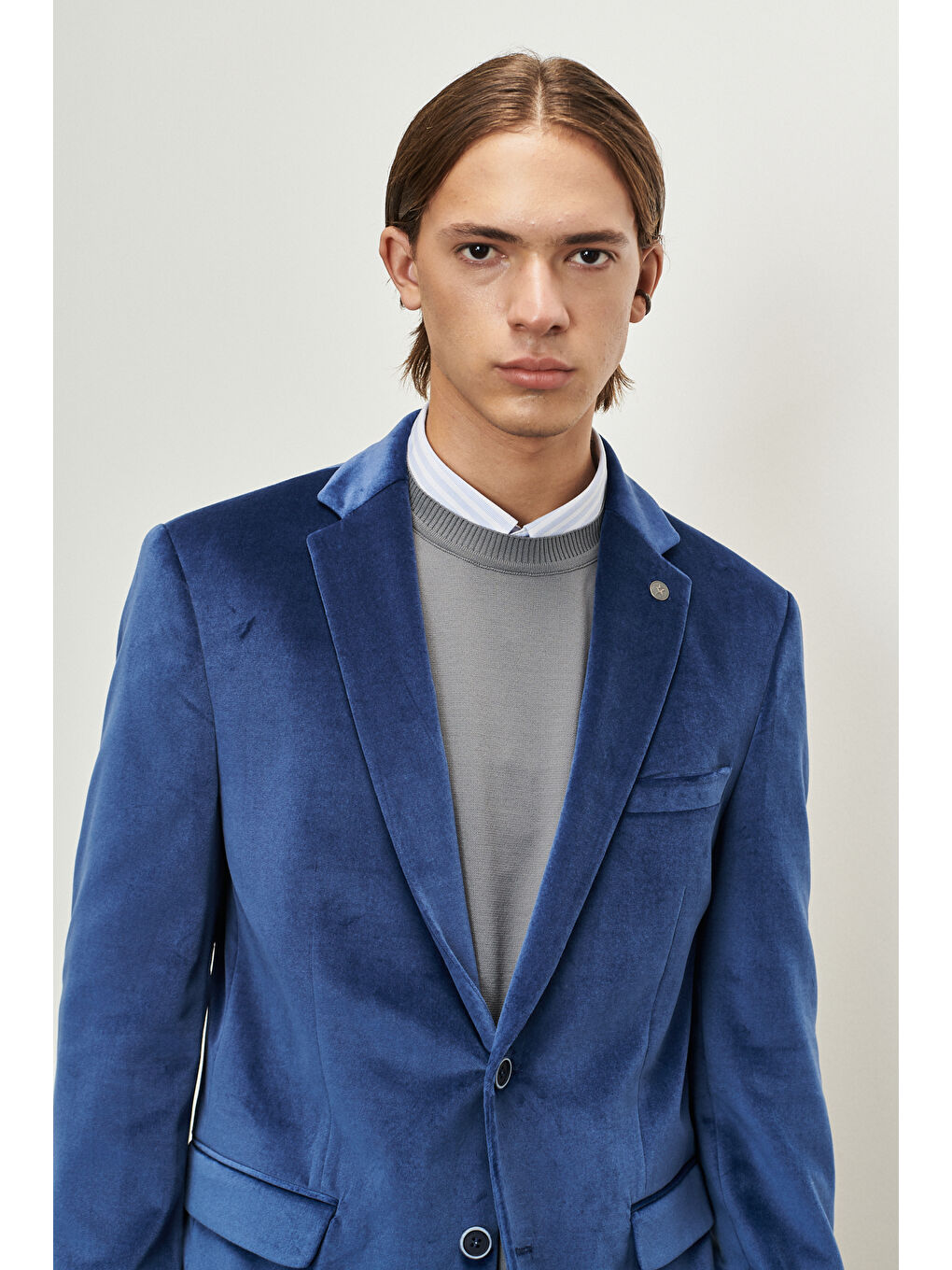 Erkek Mavi Slim Fit Dar Kesim Mono Yaka %100 Pamuk Ceket