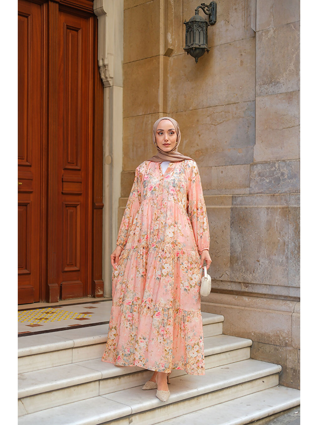 Pembe Kadın Çiçek Desenli Elbise Somon