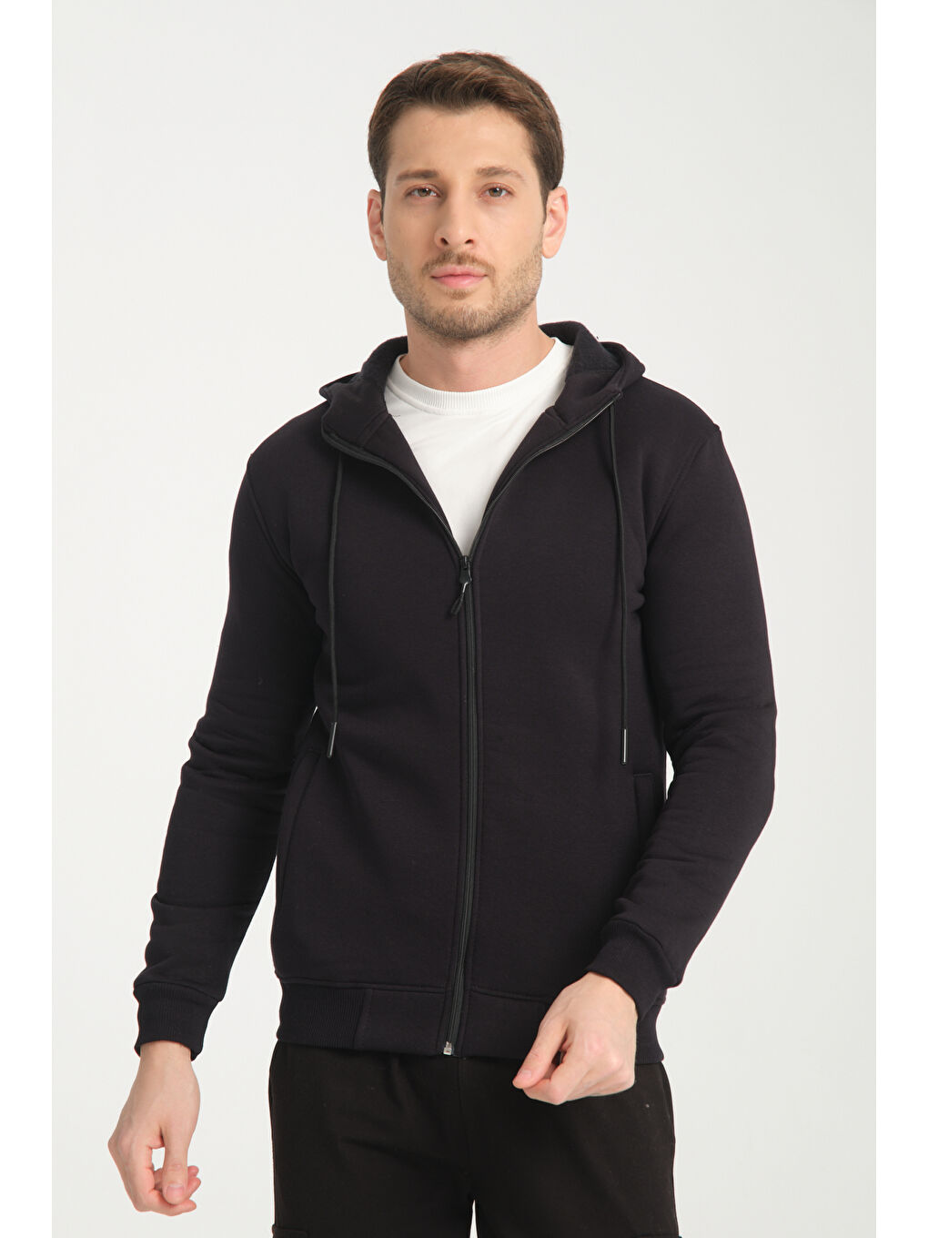 Lacivert 3 İplik  Kapüşonlu Erkek Fermuarlı Sweatshirt Hırka 6052