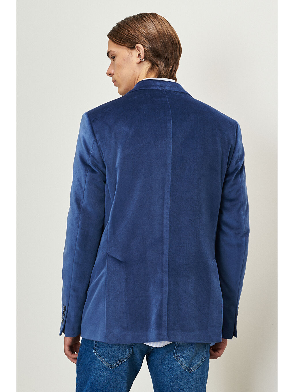 Erkek Mavi Slim Fit Dar Kesim Mono Yaka %100 Pamuk Ceket-1