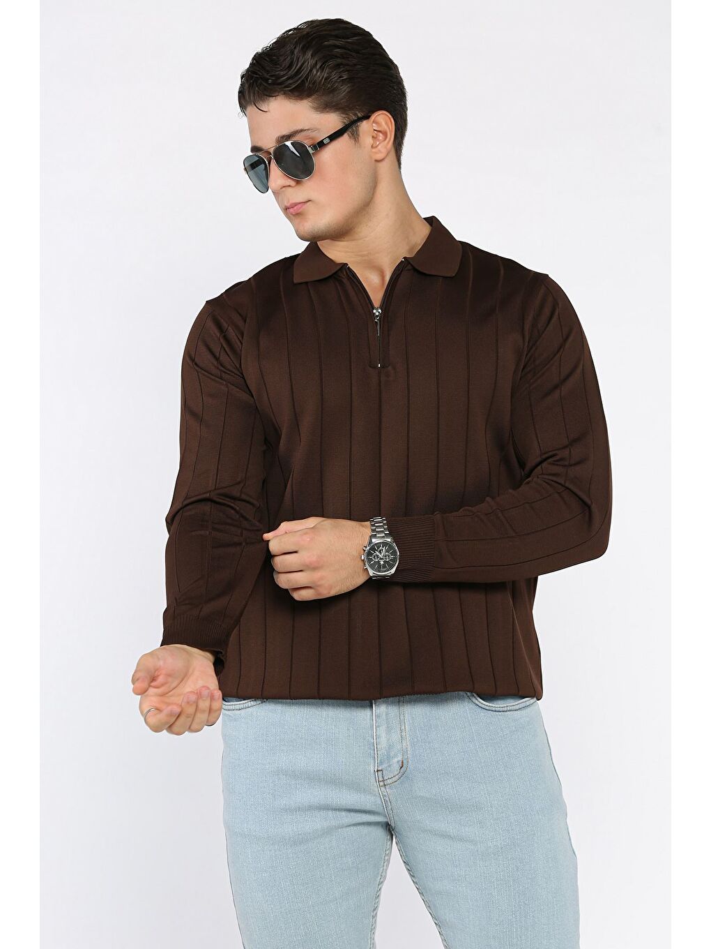 Kahverengi Polo Yaka Yarım Fermuarlı Erkek Triko Kazak-1