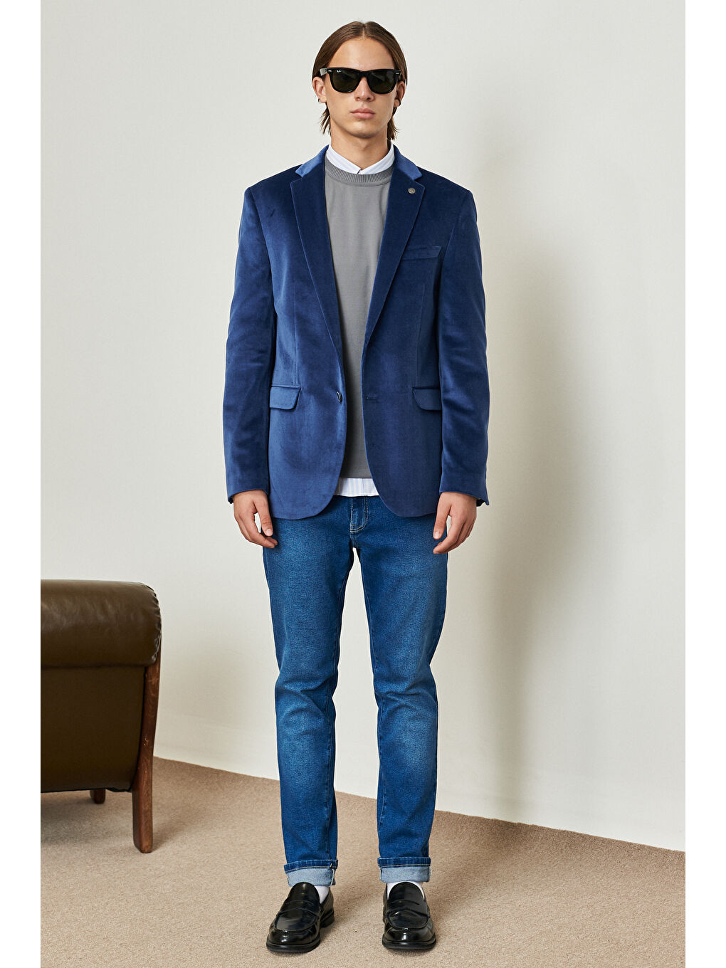 Erkek Mavi Slim Fit Dar Kesim Mono Yaka %100 Pamuk Ceket-2