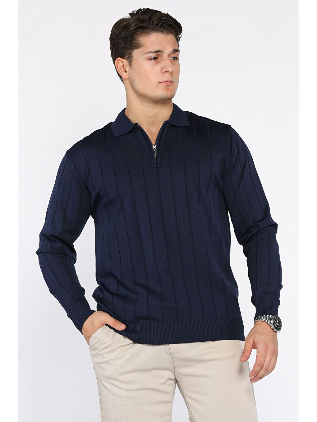 Lacivert Polo Yaka Yarım Fermuarlı Erkek Triko Kazak-1