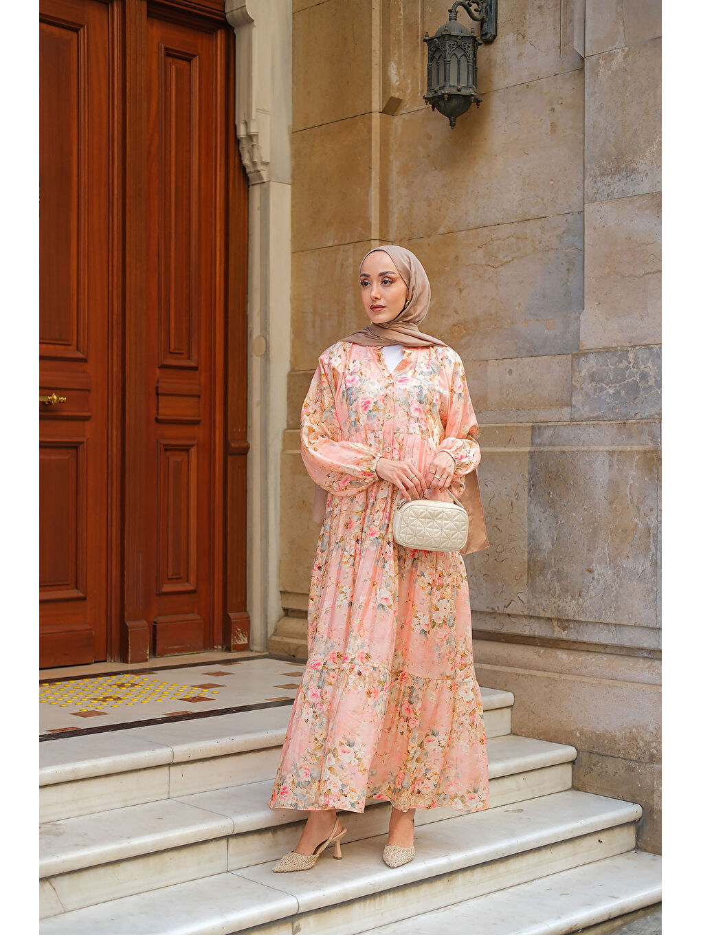 Pembe Kadın Çiçek Desenli Elbise Somon-1