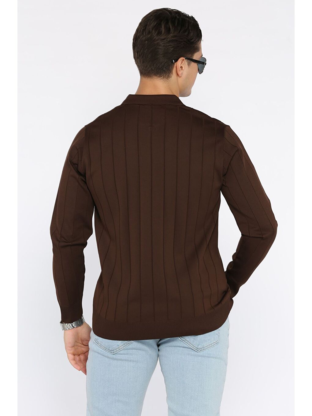 Kahverengi Polo Yaka Yarım Fermuarlı Erkek Triko Kazak-2