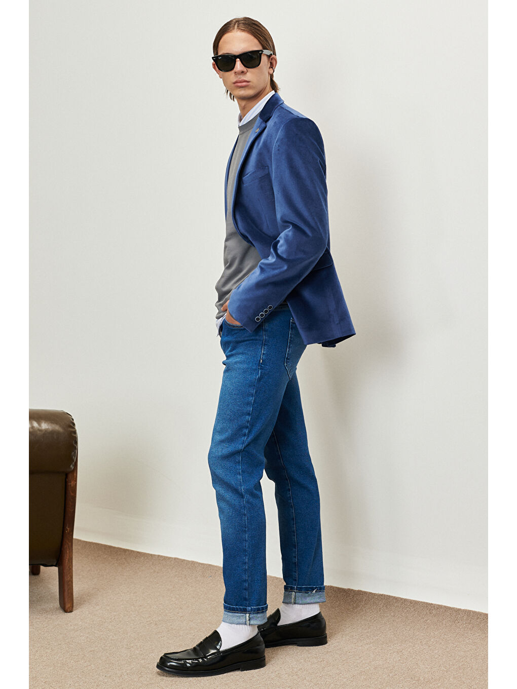 Erkek Mavi Slim Fit Dar Kesim Mono Yaka %100 Pamuk Ceket-3