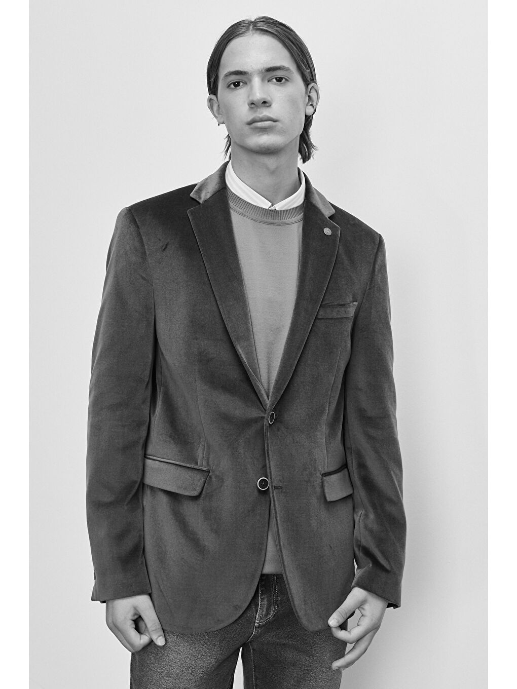 Erkek Mavi Slim Fit Dar Kesim Mono Yaka %100 Pamuk Ceket-4