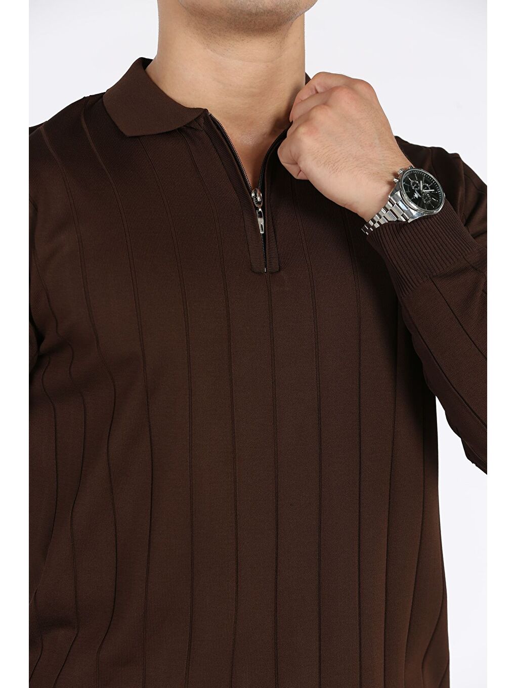 Kahverengi Polo Yaka Yarım Fermuarlı Erkek Triko Kazak-3