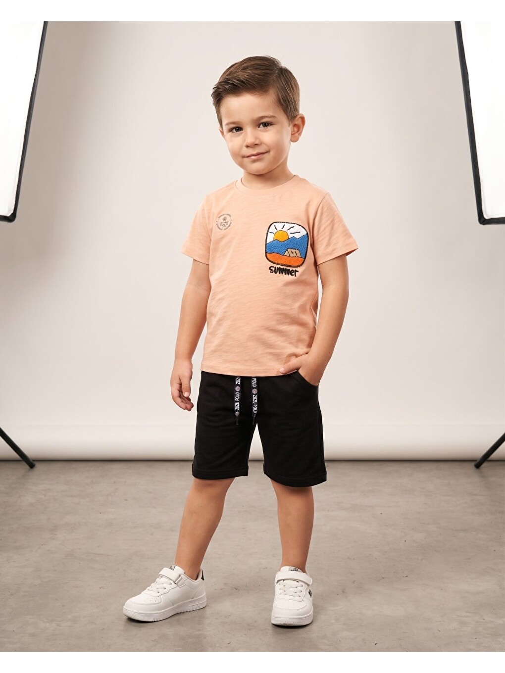 Bej Erkek Çocuk Yazlık Nakışlı T-shirt Ve Şortlu 2'li Alt Üst Takım-1