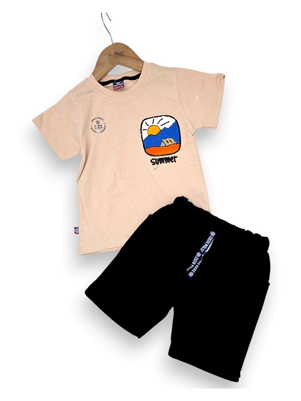 Bej Erkek Çocuk Yazlık Nakışlı T-shirt Ve Şortlu 2'li Alt Üst Takım-2